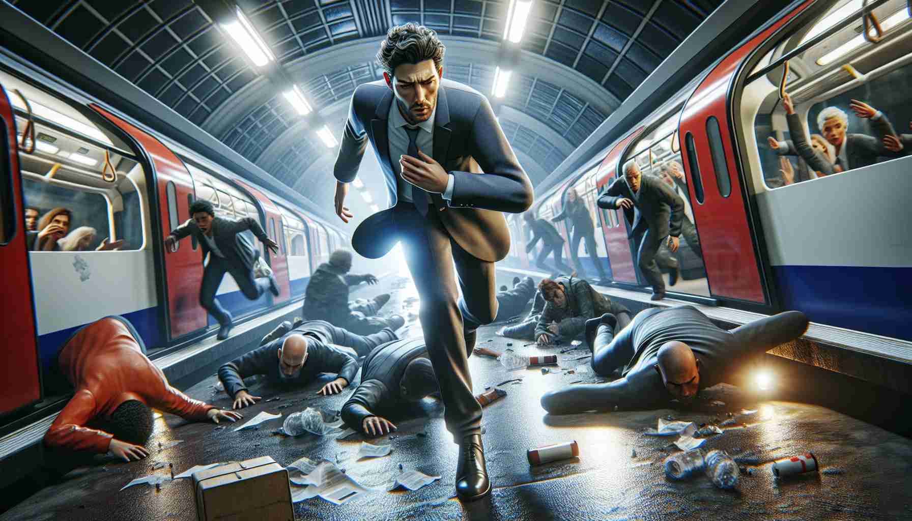 An HD, realistic visualization of a surprising incident that takes place in the London Underground, where a significant public figure suffers an injury.