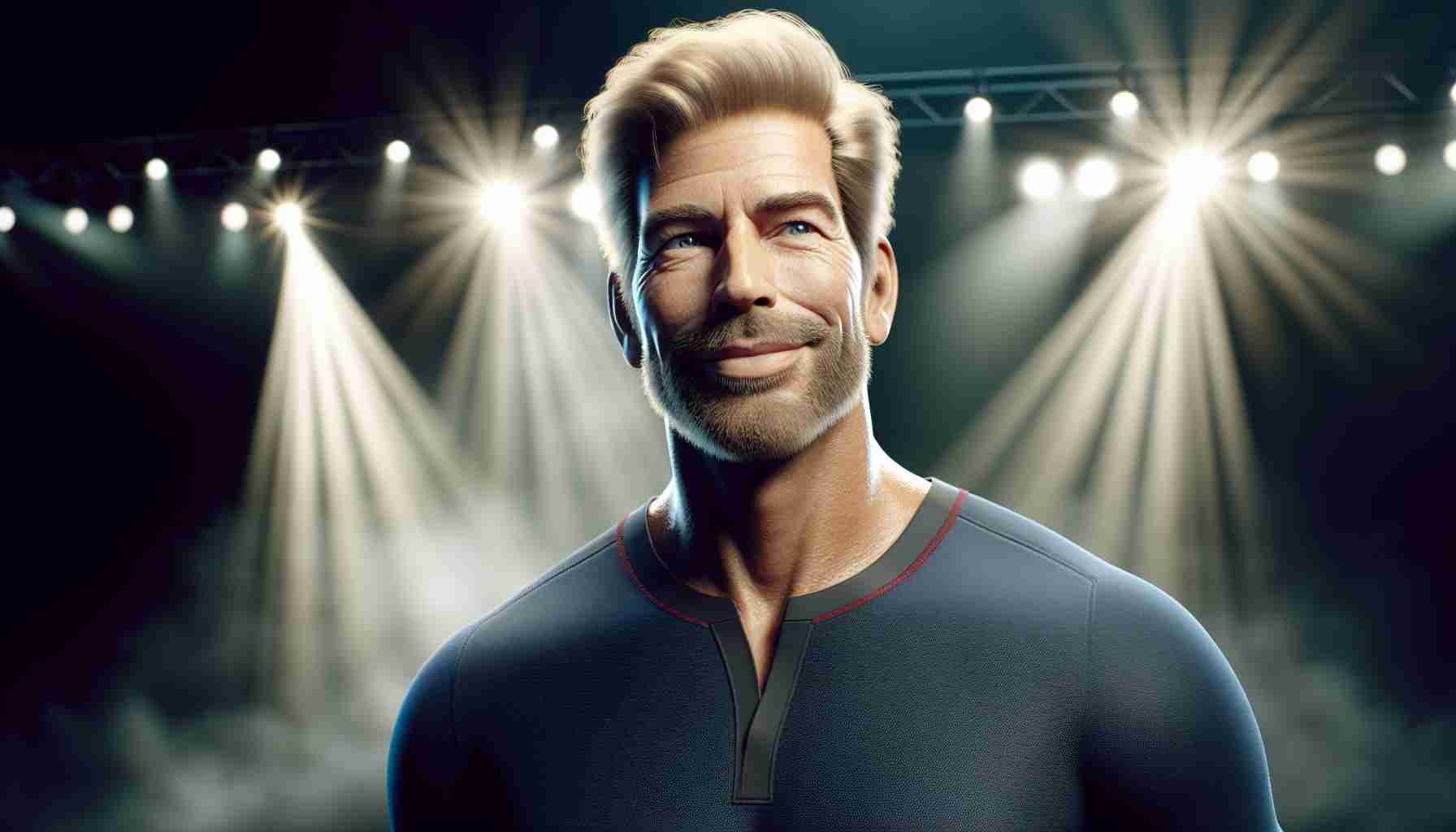 Realistic HD image of a middle-aged Caucasian man with a sporty style, blonde hair, smiling and standing in the spotlight on a stage. The ambiance is electric as if something dramatic or important has just been revealed.