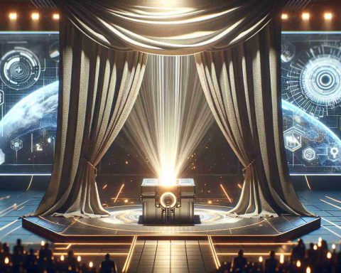 An high definition, realistic depiction of a conceptual scene indicating a revolution in innovation. The scene includes the unveiling moment of a futuristic technology or concept that is about to drastically change the world. The ambience is full of anticipation, with symbolic elements such as a large curtain about to be pulled back, or a bright light waiting to erupt from a box. The overall setting has a sci-fi vibe, with futuristic tools or gadgets, presenting a promising vision of the rapidly approaching future.