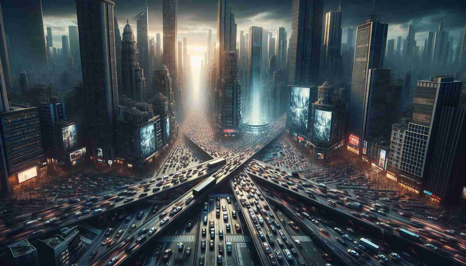 An ultra-high-definition, hyperrealistic image displaying an unforeseen revelation causing upheaval in a bustling city. The tension of an eagerly awaited event hangs in the air. The city is teetering on the brink of unparalleled traffic mayhem, with streets filled to bursting with vehicles in a state of gridlock. The cityscape, with its towering skyscrapers and lit billboards, amplifies the drama of the situation. Sweeping aerial perspectives and close-ups of frustrated drivers make the scale of the impending chaos palpable.