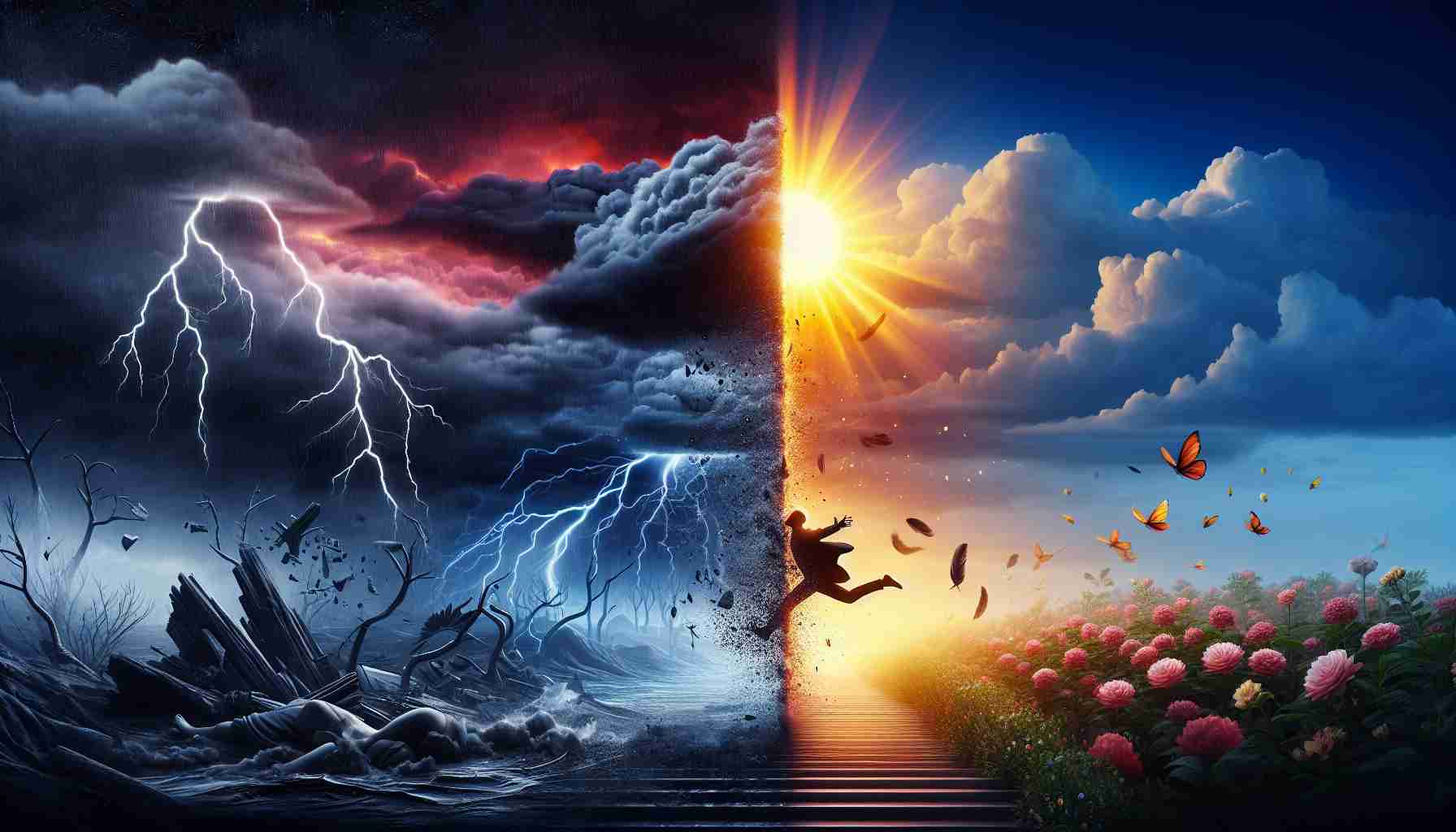 A realistic, high-definition recreation of an unforgettable night transitioning from despair to triumph. Visualize a contrasting scene where one half of the image is dominated by dark and gloomy elements, perhaps a distressed individual, a shattering object, or a thunderstorm, symbolizing despair. The other half of the picture evolves into a dawn of hope symbolized by uplifting elements such as a rising sun, a content individual achieving victory or blooming flowers. This transition should be subtly merging in the center, showcasing the progression from despair to triumph before the grand unveiling.