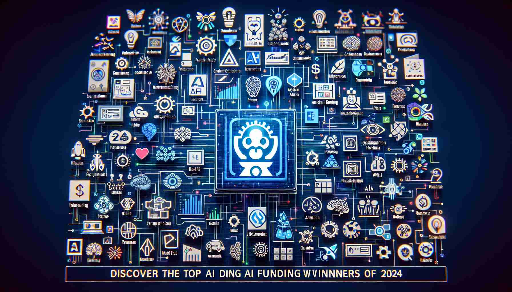 Generate a realistic high definition image showcasing a list or chart titled 'Discover the Top AI Funding Winners of 2024', filled with various logos and symbols representing different AI companies.