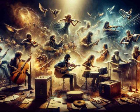 Imagine a high definition, realistic image representing a greatly epic music collaboration. A scene where musicians of various genres are immersed in the creation process together. Vitality, passion, and dedication circulate in the air. Instruments abound, from edgy guitars to classical violins, powerful drums to intricate pianos. Each musician, regardless if they're a Caucasian female blues guitarist, a Hispanic male drummer, a Black female cellist, or a Middle-Eastern male pianist, contributes their unique sound to the ensemble, embodying the essence of harmony and synergy in this momentous scene.