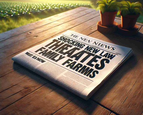 Create a realistic HD image depicting a newspaper headline that reads: 'Shocking New Law Threatens Family Farms' with a subheading that reads: 'Must Read Now'. Ensure the image shows the paper lying on a wooden table, bathed in natural morning light.