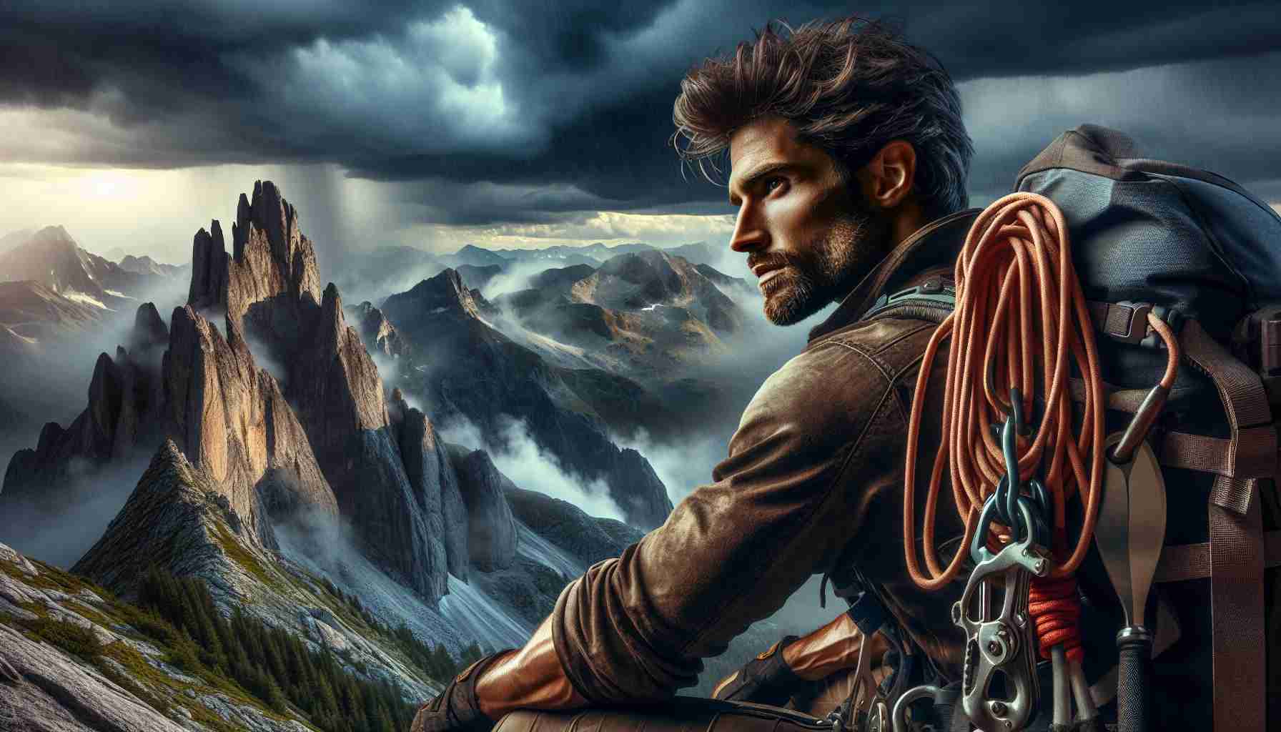 Realistic, high-definition image of a very popular male television actor of Middle Eastern descent, not identifiable by name but known for his thrilling parts, while being on an unbelievably extreme adventure. The adventure includes a scenic mountain peak, a threatening storm overhead and a rustic climbing gear showcasing the intensity of the adventure.