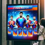 Generate a high-definition, realistic image depicting a surprising moment related to a final roster in Armenia, perhaps related to a team sport. Showcase an unexpected player as a part of the team list on an electronic display board.