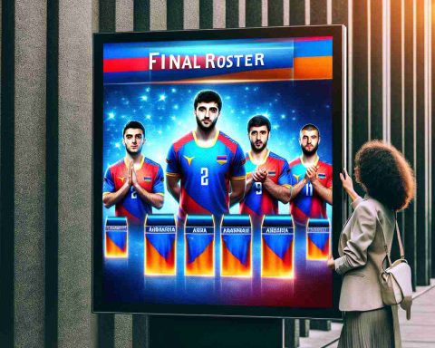 Generate a high-definition, realistic image depicting a surprising moment related to a final roster in Armenia, perhaps related to a team sport. Showcase an unexpected player as a part of the team list on an electronic display board.