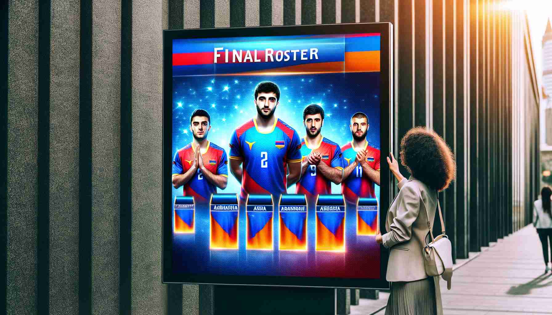 Generate a high-definition, realistic image depicting a surprising moment related to a final roster in Armenia, perhaps related to a team sport. Showcase an unexpected player as a part of the team list on an electronic display board.