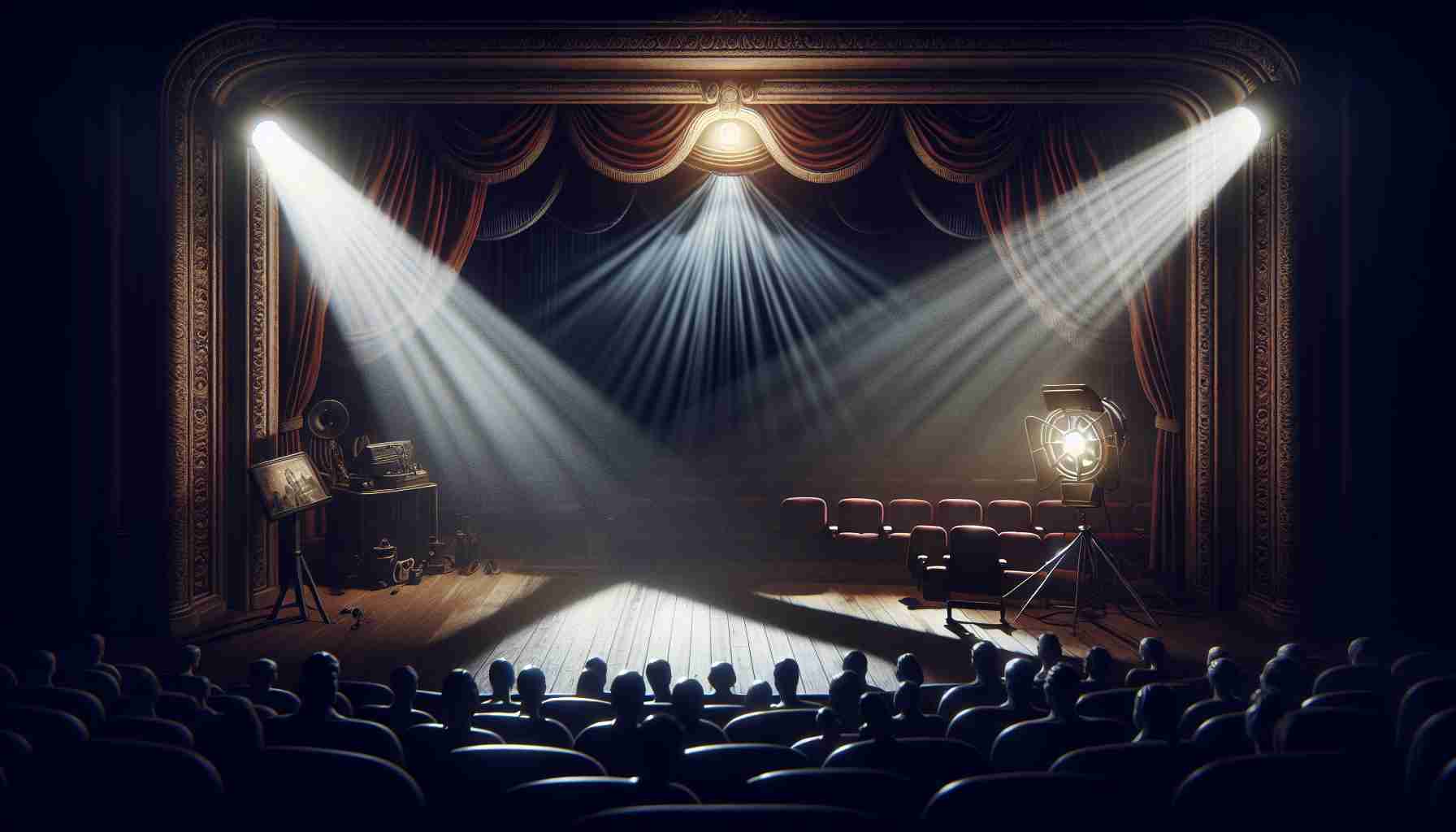 A dramatic, highly detailed and realistic digital artwork visualizing the curious and perplexing theories surrounding the sudden disappearances of a beloved actor. It includes an empty, moody theatre, a spotlight casting long shadows on the deserted stage, a few scattered and forgotten props suggestively hinting at the actor's favorite roles and the palpable strain and speculation radiating from the hushed whispers among an unsettled audience. This should be full HD quality.