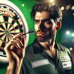 High-definition, realistic image of a Caucasian male darts player, notable in the Irish darts scene, posed confidently, yet faced with an unexpected challenge during the World Championship. His expression reveals a mixture of surprise and determination. In his hand, he holds a dart ready to be thrown, with a dartboard just out of focus behind him. The atmosphere is vibrant, capturing the tension and excitement of the competition.