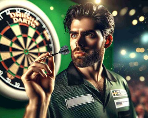 High-definition, realistic image of a Caucasian male darts player, notable in the Irish darts scene, posed confidently, yet faced with an unexpected challenge during the World Championship. His expression reveals a mixture of surprise and determination. In his hand, he holds a dart ready to be thrown, with a dartboard just out of focus behind him. The atmosphere is vibrant, capturing the tension and excitement of the competition.