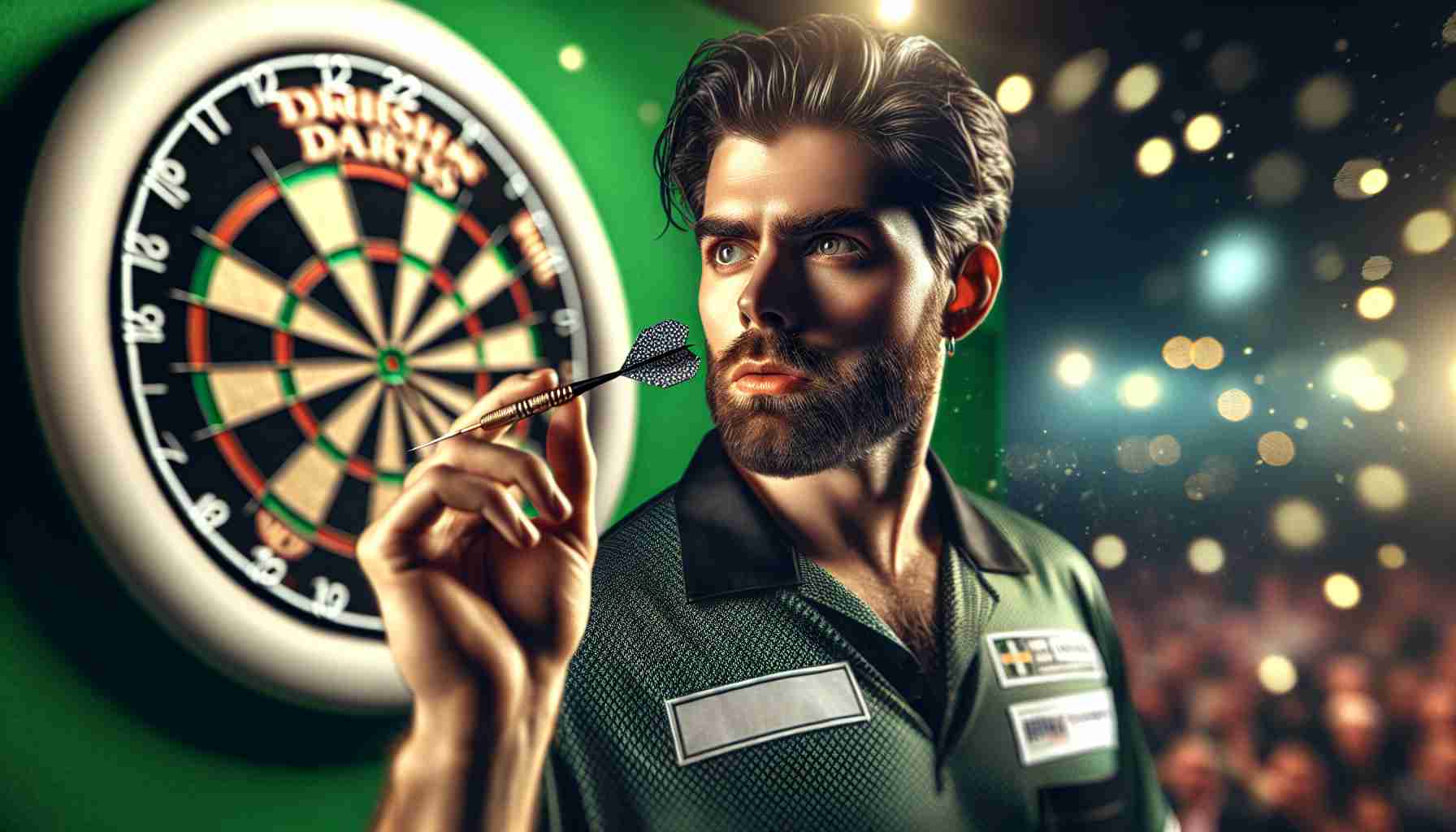 High-definition, realistic image of a Caucasian male darts player, notable in the Irish darts scene, posed confidently, yet faced with an unexpected challenge during the World Championship. His expression reveals a mixture of surprise and determination. In his hand, he holds a dart ready to be thrown, with a dartboard just out of focus behind him. The atmosphere is vibrant, capturing the tension and excitement of the competition.