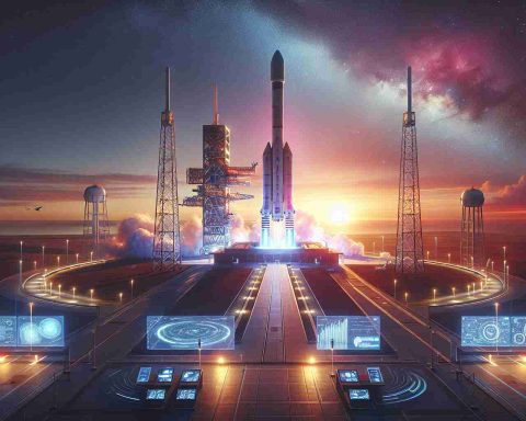 Visualize an image showcasing a revolutionary launch from a new Space Center in high-definition. This launch is significant because it's focused on the initiation of an advanced cybersecurity defense system. The center is poised against a stunning dusk sky with radiant hues, and an impressive rocket perched on the launch pad. On the side, there are control towers with digital screens reflecting data charts. Overall, the atmosphere is charged with anticipation and the dominance of technology.