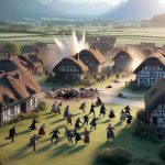 A high-definition, realistic photo of a shocking discovery made in a small rustic village, causing a major shakeup. The scene occurs in a picturesque countryside village, filled with quaint thatched-roof cottages, and green meadows that extend to the horizon. In the foreground, several villagers stand in shock as they stumble upon the unexpected event.