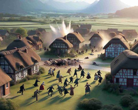 A high-definition, realistic photo of a shocking discovery made in a small rustic village, causing a major shakeup. The scene occurs in a picturesque countryside village, filled with quaint thatched-roof cottages, and green meadows that extend to the horizon. In the foreground, several villagers stand in shock as they stumble upon the unexpected event.