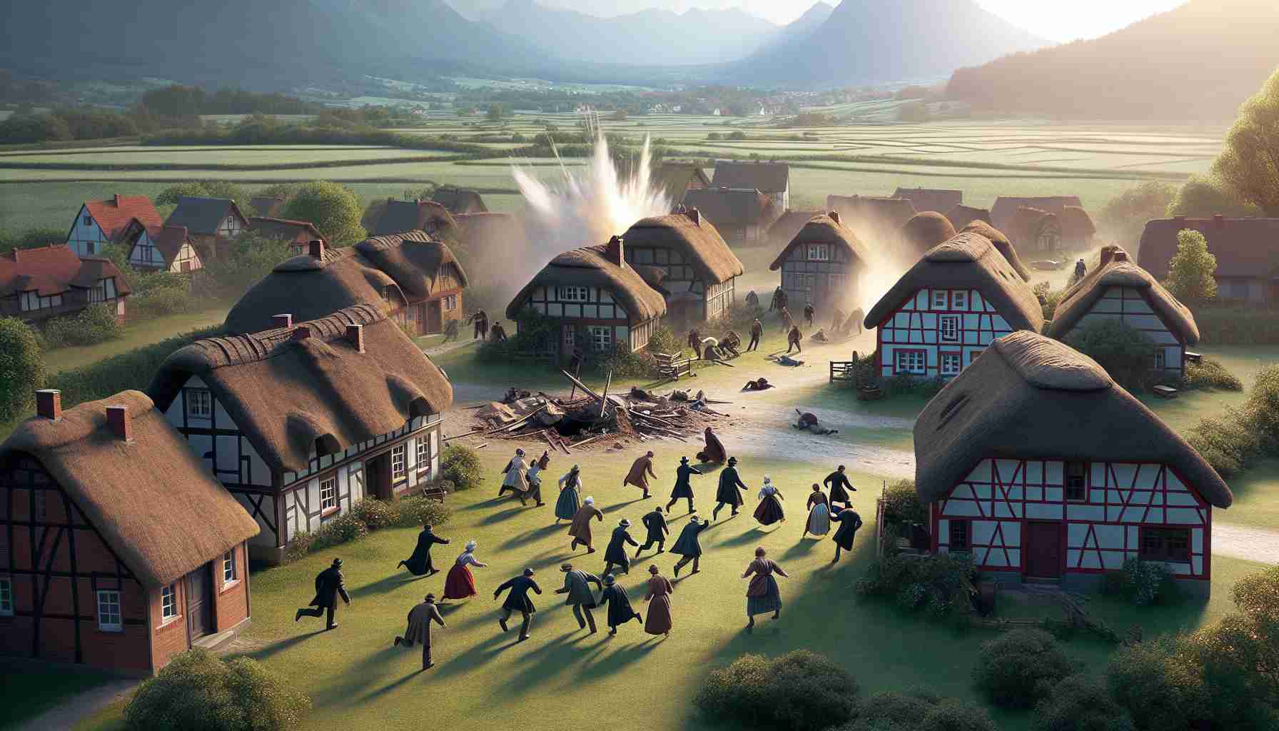 A high-definition, realistic photo of a shocking discovery made in a small rustic village, causing a major shakeup. The scene occurs in a picturesque countryside village, filled with quaint thatched-roof cottages, and green meadows that extend to the horizon. In the foreground, several villagers stand in shock as they stumble upon the unexpected event.