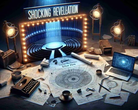 A highly detailed, realistic photo representation of an impactful event named 'Shocking Revelation'. This event reveals the secret show plans of a non-specific artist. The scene can include elements like hidden blueprints, papers with scribbled notes, an open laptop with a digital draft, and a lit whispering stage in the background, symbolizing the artist's future performance.