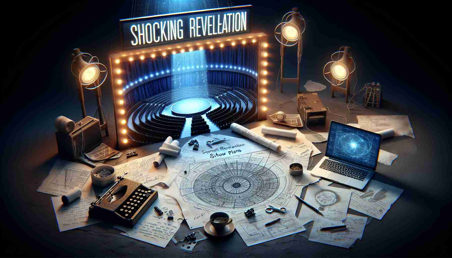 A highly detailed, realistic photo representation of an impactful event named 'Shocking Revelation'. This event reveals the secret show plans of a non-specific artist. The scene can include elements like hidden blueprints, papers with scribbled notes, an open laptop with a digital draft, and a lit whispering stage in the background, symbolizing the artist's future performance.