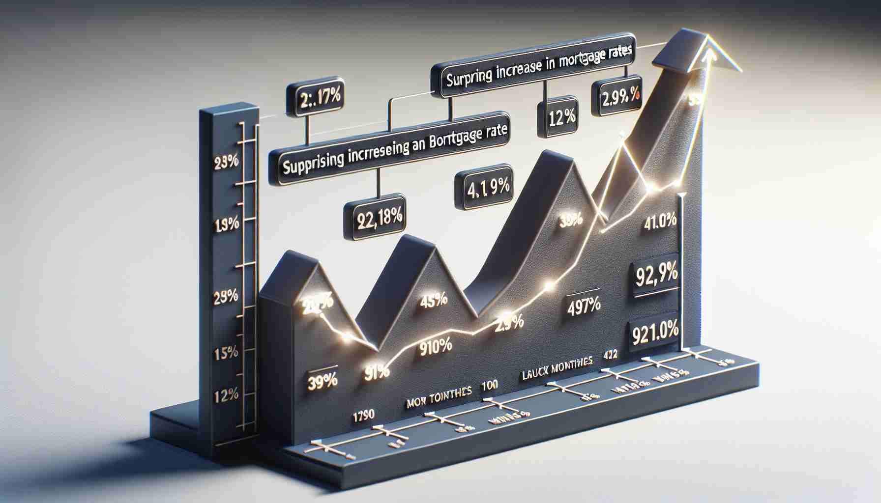 A high-definition, realistic image depicting a graph or chart that shows a surprising increase in mortgage rates despite a recent bank cut. The chart should be designed in a formal, professional manner, with clear labels indicating the mortgage rate percentages on the y-axis, and the time (in months/years) on the x-axis. Notable points of interest, like the point in time when the bank cut happened and the subsequent rise in mortgage rates, are highlighted and annotated for emphasis.