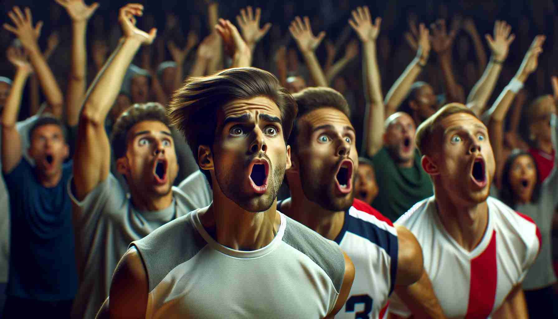 Create a high-definition realistic depiction of a surprising upset in the middle of a sports game, placing the focus on the reactions and emotions of the athletes. The atmosphere should be filled with tension, shock, and disbelief, and the expressions of the participants should vividly portray the unexpected outcome of the match.