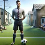 High definition, realistic image of a popular soccer player, standing confidently on the field with a soccer ball at his feet. His facial features show determination and humility. The background displays a humble and modest neighborhood, representing his earlier life and surprising origin story. This scene subtly communicates the shocking revelation about the player's humble beginnings.