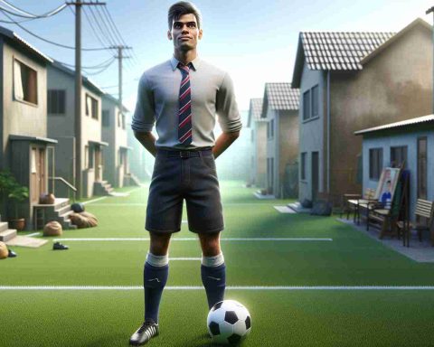 High definition, realistic image of a popular soccer player, standing confidently on the field with a soccer ball at his feet. His facial features show determination and humility. The background displays a humble and modest neighborhood, representing his earlier life and surprising origin story. This scene subtly communicates the shocking revelation about the player's humble beginnings.