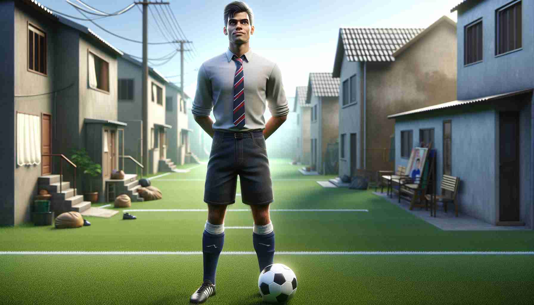 High definition, realistic image of a popular soccer player, standing confidently on the field with a soccer ball at his feet. His facial features show determination and humility. The background displays a humble and modest neighborhood, representing his earlier life and surprising origin story. This scene subtly communicates the shocking revelation about the player's humble beginnings.