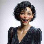 Realistic HD image of a woman who has a similar physique to a renowned actress, she has short black curly hair and hazel eyes, expressing joy and excitement. She is wearing a stylish dress and her expression suggests she just got a surprising piece of good news or a reminder of a happy memory.