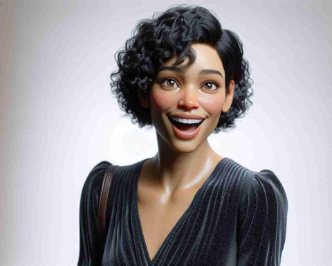 Realistic HD image of a woman who has a similar physique to a renowned actress, she has short black curly hair and hazel eyes, expressing joy and excitement. She is wearing a stylish dress and her expression suggests she just got a surprising piece of good news or a reminder of a happy memory.