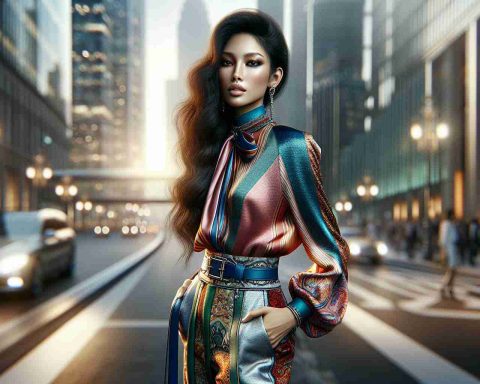 A realistic, high-definition image showcasing a fashion-forward woman. The woman, who could potentially be a new fashion icon, stands tall, possibly of South Asian descent, her attire a stunning blend of modern trends and unique, personal style. Her clothes radiate with fascinating color combinations and patterns. She's accessorized with complementing stylish, avant-garde pieces. Behind her, a blurry urban backdrop suggests an affluent, bustling city. The photo is bathed in a warm, inviting light that sets off her style in perfect contrast. Her confidence suggests she is ready to take the fashion world by storm.