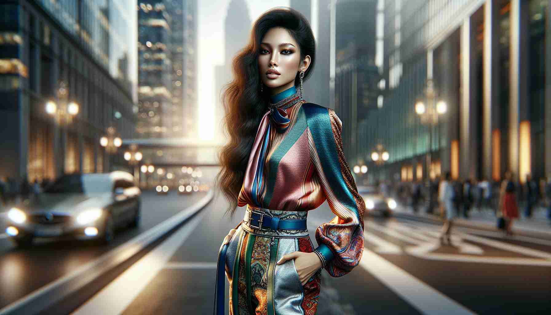 A realistic, high-definition image showcasing a fashion-forward woman. The woman, who could potentially be a new fashion icon, stands tall, possibly of South Asian descent, her attire a stunning blend of modern trends and unique, personal style. Her clothes radiate with fascinating color combinations and patterns. She's accessorized with complementing stylish, avant-garde pieces. Behind her, a blurry urban backdrop suggests an affluent, bustling city. The photo is bathed in a warm, inviting light that sets off her style in perfect contrast. Her confidence suggests she is ready to take the fashion world by storm.