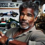 An authentic, high-definition photo featuring a well-known, unidentified retired Formula 1 racing driver. In this image, the driver, a middle-aged Afro-American man with robust muscular posture and salt and pepper hair, is wearing a casual outfit. He sits in a comfortable chair in a well-lit room filled with a collection of car racing memorabilia. His expressive eyes are filled with nostalgia as he recounts his unexpected history, perhaps captured in the form of a quote bubble with the paraphrased statement: 'I confess my surprising past.'