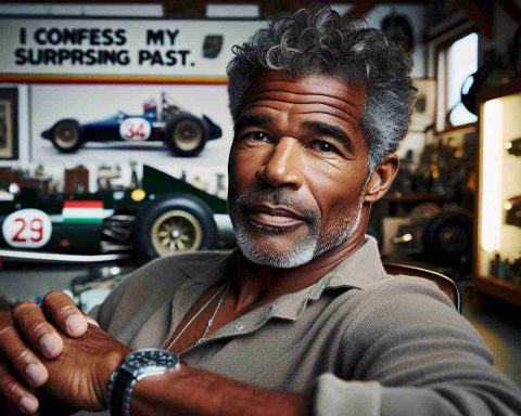 An authentic, high-definition photo featuring a well-known, unidentified retired Formula 1 racing driver. In this image, the driver, a middle-aged Afro-American man with robust muscular posture and salt and pepper hair, is wearing a casual outfit. He sits in a comfortable chair in a well-lit room filled with a collection of car racing memorabilia. His expressive eyes are filled with nostalgia as he recounts his unexpected history, perhaps captured in the form of a quote bubble with the paraphrased statement: 'I confess my surprising past.'