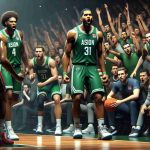 High-definition, realistic image of an intense basketball match featuring a professional team in green uniforms (not associated with any real-life team), on the brink of a surprising defeat. The players and coaches express a variety of emotions, from hope to trepidation, as the crowd in the background anxiously awaits the game's outcome. The opposing team, in red uniforms, displays a sense of determination. Make sure to highlight the dramatic tension in the scene.