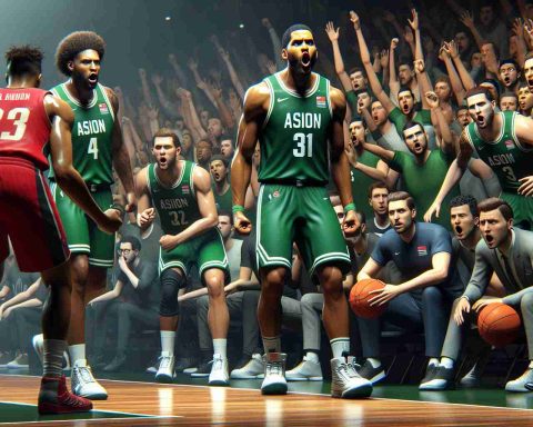 High-definition, realistic image of an intense basketball match featuring a professional team in green uniforms (not associated with any real-life team), on the brink of a surprising defeat. The players and coaches express a variety of emotions, from hope to trepidation, as the crowd in the background anxiously awaits the game's outcome. The opposing team, in red uniforms, displays a sense of determination. Make sure to highlight the dramatic tension in the scene.