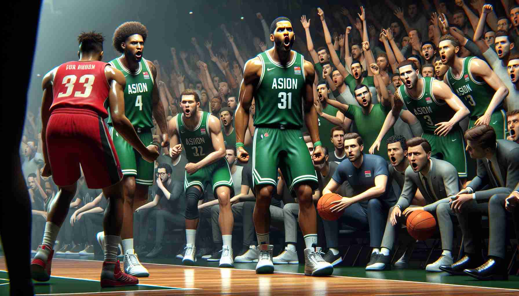 High-definition, realistic image of an intense basketball match featuring a professional team in green uniforms (not associated with any real-life team), on the brink of a surprising defeat. The players and coaches express a variety of emotions, from hope to trepidation, as the crowd in the background anxiously awaits the game's outcome. The opposing team, in red uniforms, displays a sense of determination. Make sure to highlight the dramatic tension in the scene.