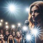 A high-resolution image of a female performer impressing the audience with her debut stage performance. She is bathed in spotlights, her face showing a mix of nerves and excitement. The spectators around are captivated and visibly amazed by her performance.