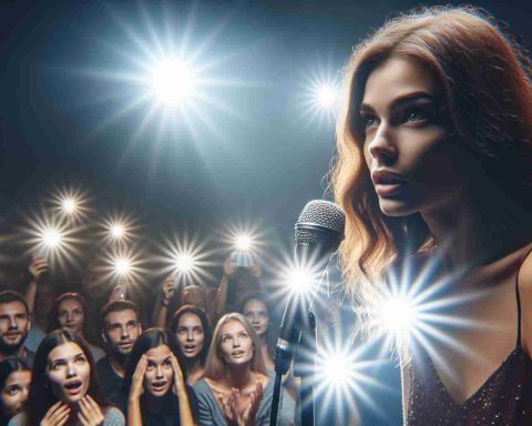 A high-resolution image of a female performer impressing the audience with her debut stage performance. She is bathed in spotlights, her face showing a mix of nerves and excitement. The spectators around are captivated and visibly amazed by her performance.