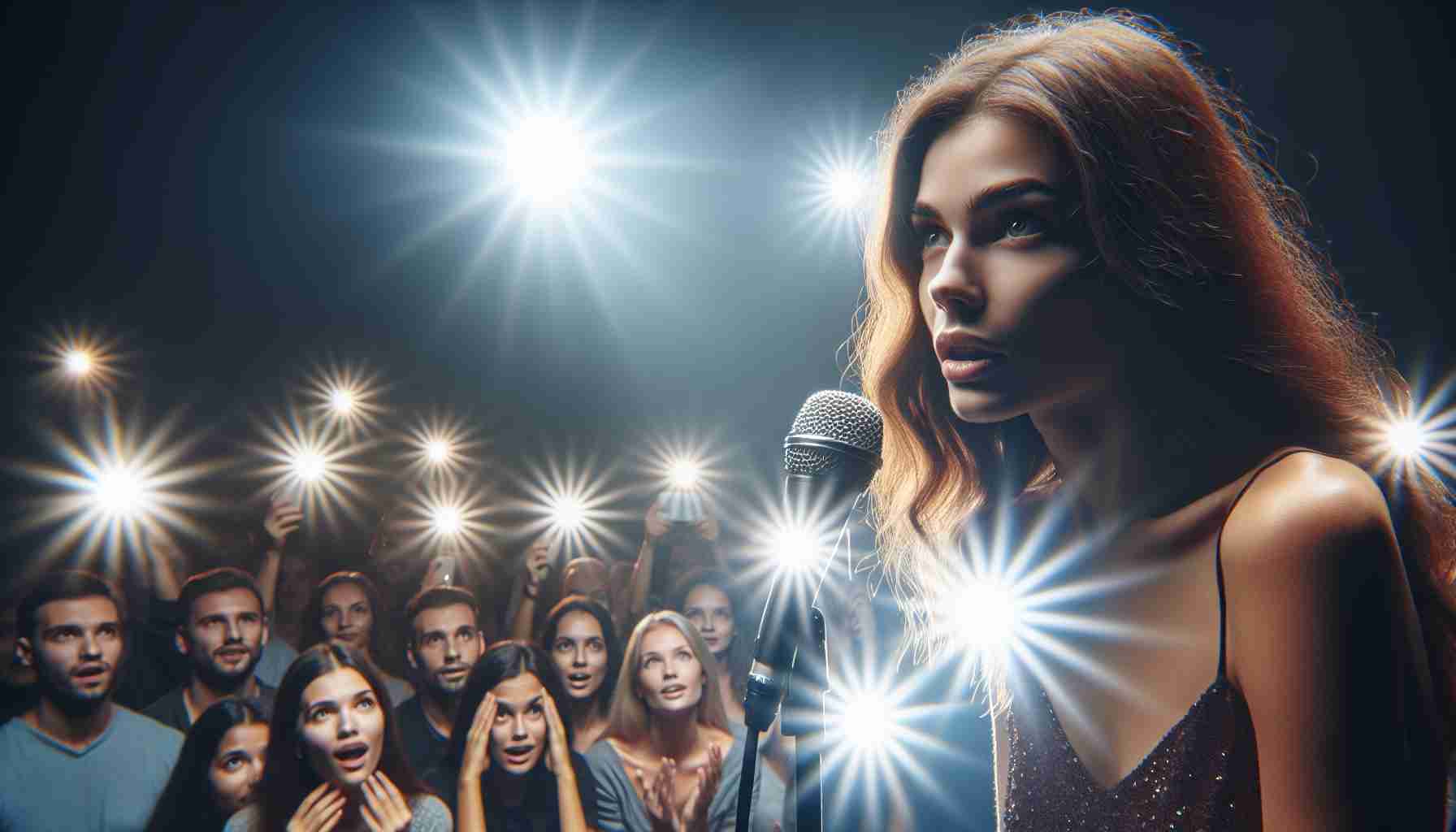 A high-resolution image of a female performer impressing the audience with her debut stage performance. She is bathed in spotlights, her face showing a mix of nerves and excitement. The spectators around are captivated and visibly amazed by her performance.