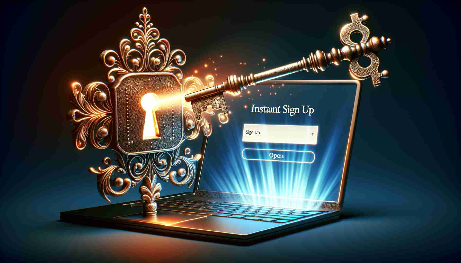 Generate a realistic, high-definition image of a metaphorical representation of 'Unlocking the Secret to Instant Account Creation'. It could feature a detailed close-up of an intricately designed old key, glowing mysteriously, pointing towards a modern desktop with an open sign up form on its sleek, brilliant screen, symbolizing the ease of account creation. The image should convey a certain ease and immediacy, suggesting the simple, quick process of creating a new account.