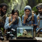 High-definition realistic image of a diverse group of scientists, consisting of a Hispanic woman, a Black man, a Middle-Eastern woman and a South Asian man, expressing bafflement and curiosity over a mysterious finding in a remote, dense jungle. The scientists are equipped with expedition gear suitable for a jungle environment, while the mysterious discovery is placed on a makeshift table, drawing their attention and sparking intense discussions.