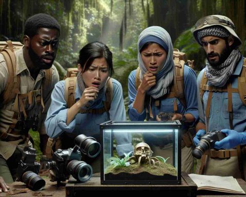 High-definition realistic image of a diverse group of scientists, consisting of a Hispanic woman, a Black man, a Middle-Eastern woman and a South Asian man, expressing bafflement and curiosity over a mysterious finding in a remote, dense jungle. The scientists are equipped with expedition gear suitable for a jungle environment, while the mysterious discovery is placed on a makeshift table, drawing their attention and sparking intense discussions.