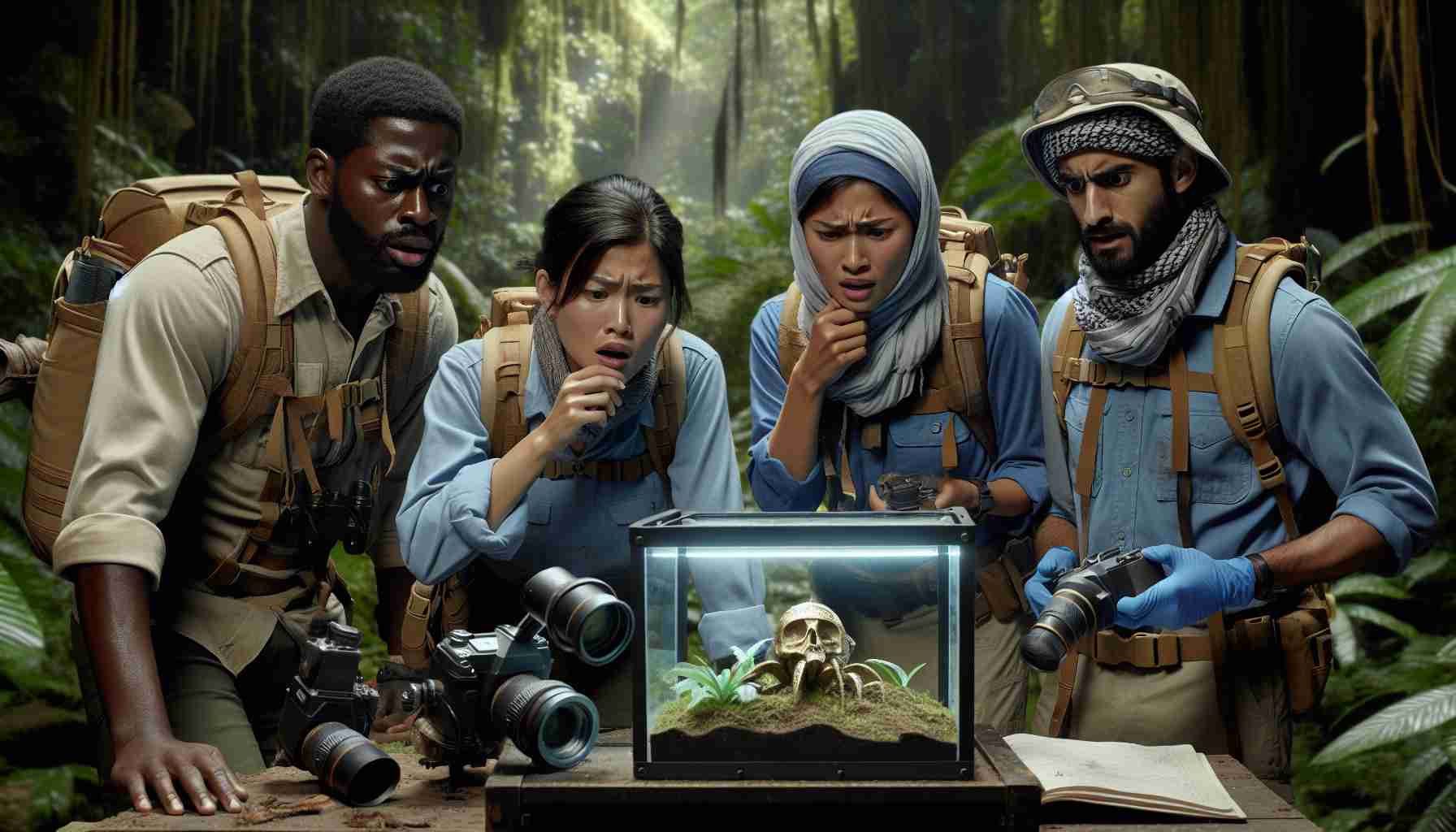 High-definition realistic image of a diverse group of scientists, consisting of a Hispanic woman, a Black man, a Middle-Eastern woman and a South Asian man, expressing bafflement and curiosity over a mysterious finding in a remote, dense jungle. The scientists are equipped with expedition gear suitable for a jungle environment, while the mysterious discovery is placed on a makeshift table, drawing their attention and sparking intense discussions.