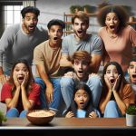 Realistic high-definition image of a family revealing a hidden secret on a well-known television program, showcasing various expressions ranging from shock to joy. The members of the family are all seated in a comfortable, modern living room. There’s a casual atmosphere, yet the palpable tension is undeniable. The family consists of a South Asian mother, a Hispanic father, a Middle-Eastern teenage son and a Black teenage daughter, all displaying realistic, human emotions.