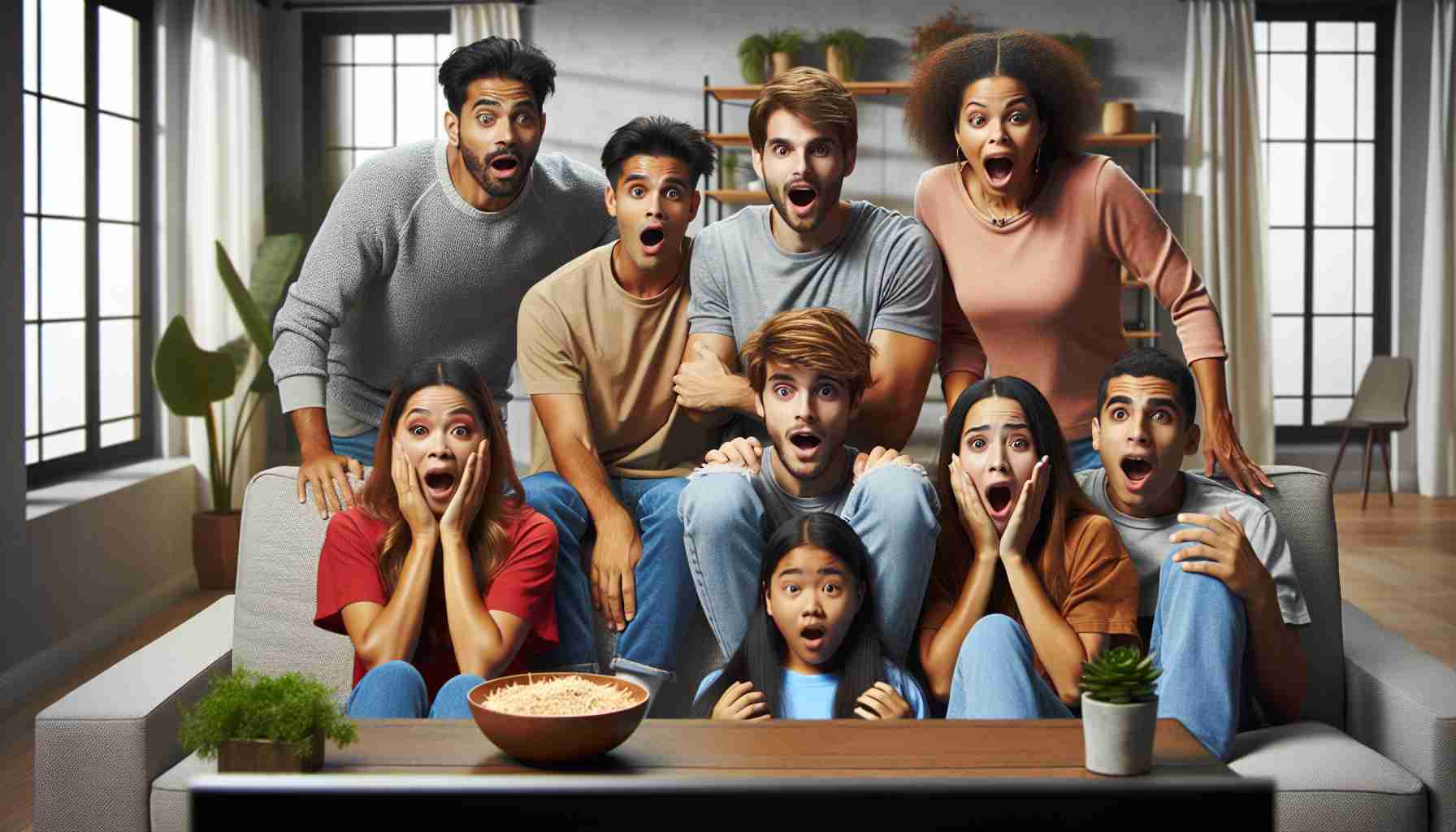 Realistic high-definition image of a family revealing a hidden secret on a well-known television program, showcasing various expressions ranging from shock to joy. The members of the family are all seated in a comfortable, modern living room. There’s a casual atmosphere, yet the palpable tension is undeniable. The family consists of a South Asian mother, a Hispanic father, a Middle-Eastern teenage son and a Black teenage daughter, all displaying realistic, human emotions.