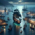 High definition, realistic scene showcasing a mysterious arrival happening in a busy harbor. Illuminated by the soft, fading light of the setting sun, the numerous ships of various shapes and sizes cast vibrant shadows onto the crystalline waters. Harboring an aura of suspense, an unidentified galleon with the majestic figurehead slowly glides towards the dock, giving rise to rampant speculations among the busy crowds of dockworkers who are mostly of Caucasian and Hispanic descent, men and women alike. The hustle and bustle of the harbor adds a dynamic contrast to the tranquil ocean touching the horizon.