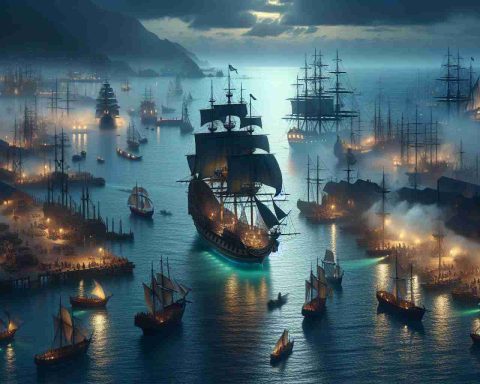 High definition, realistic scene showcasing a mysterious arrival happening in a busy harbor. Illuminated by the soft, fading light of the setting sun, the numerous ships of various shapes and sizes cast vibrant shadows onto the crystalline waters. Harboring an aura of suspense, an unidentified galleon with the majestic figurehead slowly glides towards the dock, giving rise to rampant speculations among the busy crowds of dockworkers who are mostly of Caucasian and Hispanic descent, men and women alike. The hustle and bustle of the harbor adds a dynamic contrast to the tranquil ocean touching the horizon.