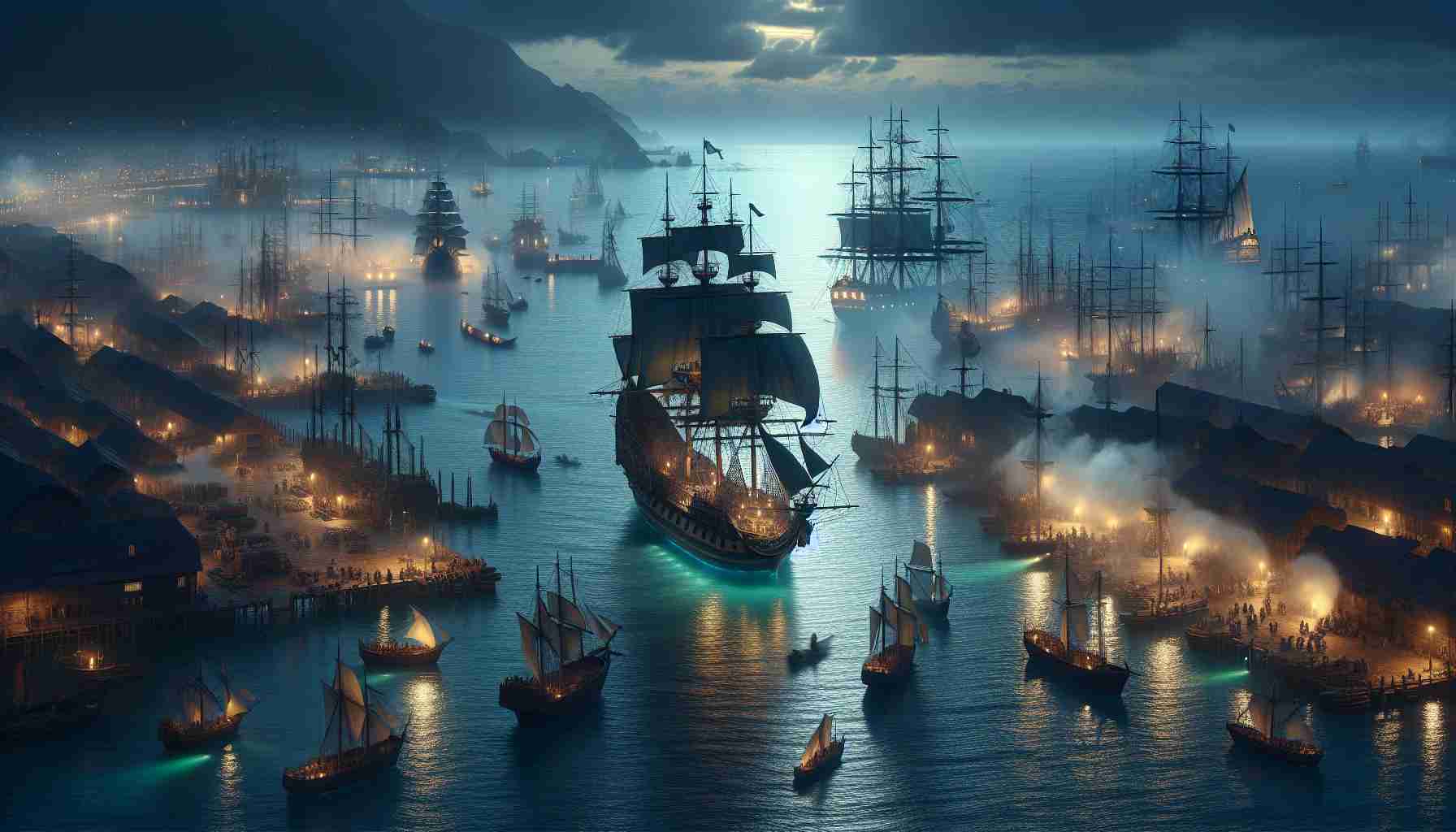 High definition, realistic scene showcasing a mysterious arrival happening in a busy harbor. Illuminated by the soft, fading light of the setting sun, the numerous ships of various shapes and sizes cast vibrant shadows onto the crystalline waters. Harboring an aura of suspense, an unidentified galleon with the majestic figurehead slowly glides towards the dock, giving rise to rampant speculations among the busy crowds of dockworkers who are mostly of Caucasian and Hispanic descent, men and women alike. The hustle and bustle of the harbor adds a dynamic contrast to the tranquil ocean touching the horizon.