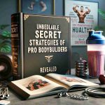 A high-definition, realistic representation of an open book that reads 'Unbelievable Secret Strategies of Pro Bodybuilders Revealed'. Adjacent to the book, depict various bodybuilding equipment like weights, a protein shaker full of healthy smoothie, and a resistance band. The scene is a well-lit room, preferably a study, with a hint of motivation poster on the wall, possibly related to fitness and bodybuilding.