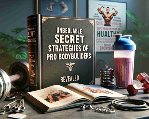 A high-definition, realistic representation of an open book that reads 'Unbelievable Secret Strategies of Pro Bodybuilders Revealed'. Adjacent to the book, depict various bodybuilding equipment like weights, a protein shaker full of healthy smoothie, and a resistance band. The scene is a well-lit room, preferably a study, with a hint of motivation poster on the wall, possibly related to fitness and bodybuilding.